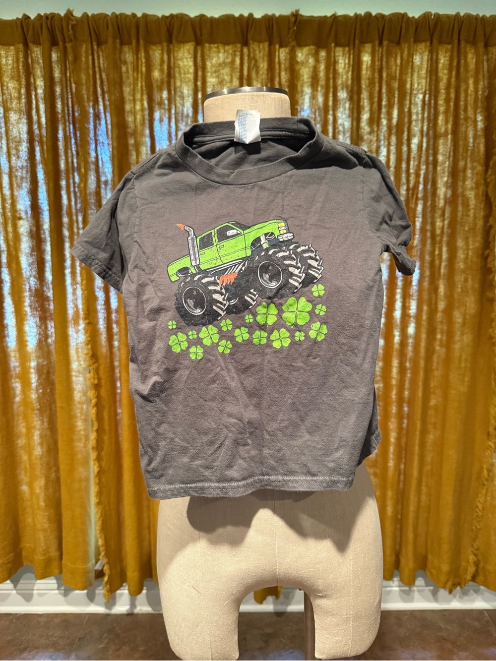 Kids Black Graphic Tee with Green Monster Truck
